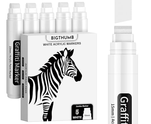 BIGTHUMB White Poster Markers Jumbo Paint Pen: 5 pcs 15mm Wide Tip Thick Acrylic Paint Pen Large Graffiti Markers for Rock Painting, Stone, Sign, Canvas, Glass, Wood, Ceramic - color: White