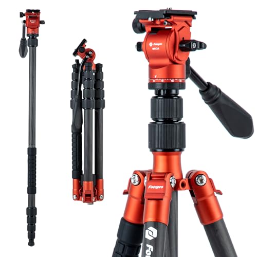 Fotopro 59" Carbon Fiber Travel Tripod, Compact Video Tripods with Fluid Head, Detachable Monopod with Arca-Swiss Quick Release Plate and Bag, Camera Tripod Load up to 8KG/17.63lbs, Orange - color: Orange, size: 62" Video (Carbon Fiber)