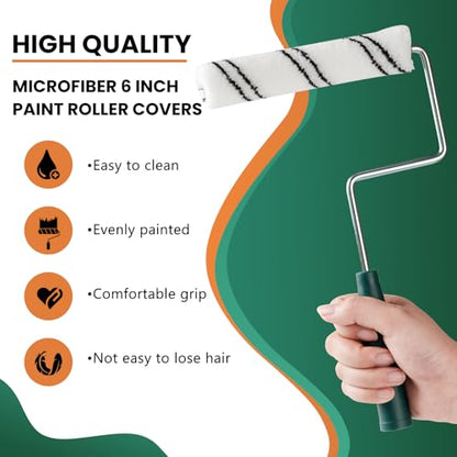 Paint Roller Covers, 40 Pack, 6 Inch, 3/8 Inch Nap | 6 Inch Microfiber Sleeves, 2 Anti-Rust Metal Frames Included, Ideal for Wall & Furniture Painting - size: 6 inch paint roller 40 pack