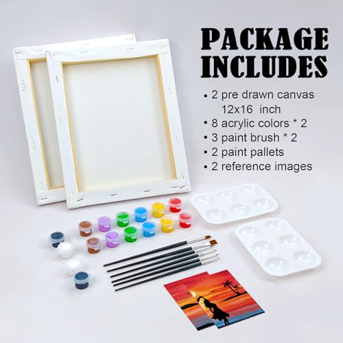 VOCHIC Sip and Paint Kit,Pre Drawn Canvas Couples Paint Party Kit Painting Art Set for Adults Date Night Sunset Beach 2 Pack (12 x 16 Inches, Dancing Couple) - size: 12x16, style: Dancing Couple