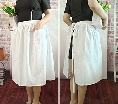 Unisex Chef Aprons White Retro Cotton Maid Short 2 Pockets Waist Waiter Waitress Half Apron - color: Cotton White