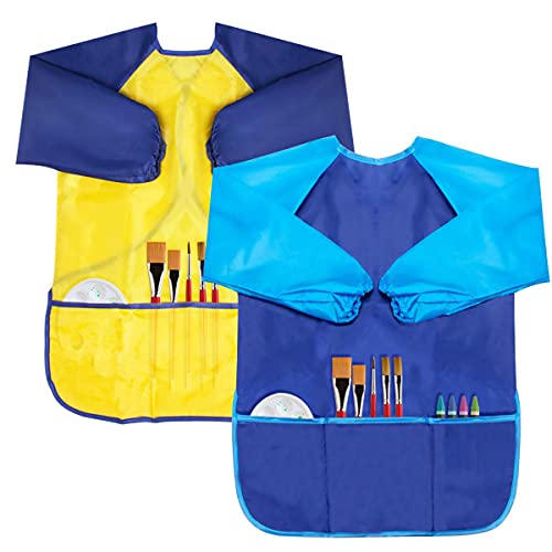 Kids Art Smocks 2 Pack Painting Smock with Long Sleeve and 3 Pockets for Age 3-8 - color: Blue