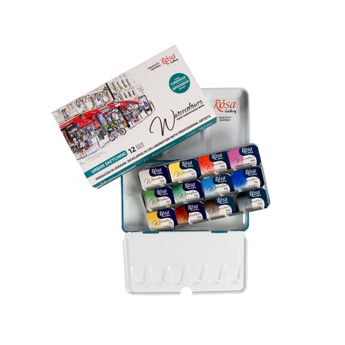 Rosa Gallery Urban Professional Watercolor Paint Set, 12 Water Colors of 2.5 ml, High LightfastnessPaints Kit for Artists, Adult, Lightweight and Portable Metal Case - color: Urban