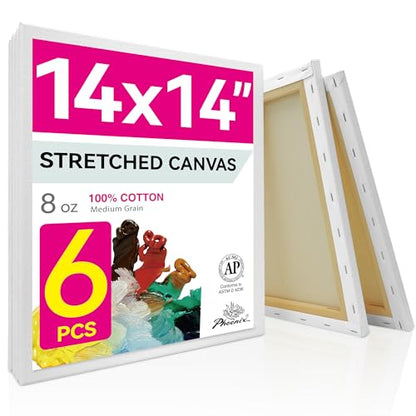 PHOENIX Stretched Canvas for Painting 14x14 Inch/6 Value Pack, 8 Oz Triple Primed 5/8 Inch Profile 100% Cotton White Blank Canvas, Square Framed Canvas for Oil Acrylic & Pouring Art - size: 14"x14", style: Studio Set (8 Oz.)