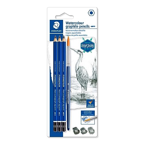 Staedtler Mars Lumograph Graphite Watercolor Pencils Kit, Set of 3, Includes Watercolor Brush, 100A-SBK4 - size: 1 Count (Pack of 1), style: 3 different assorted pencils