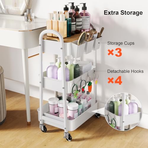 3 Tier Rolling Cart Metal with Wheels and Bamboo Table Top, Art Cart Organizer on Wheels, White Three Tiered Storage Utility Carts for Craft, Baby, Diaper Caddy,Coffee,Kitchen,Cleaning,Office Supplies - color: White
