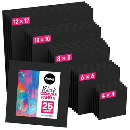Chalkola 25 Square Black Canvas for Painting - Primed Cotton Art Boards | Panels (25 Pack) 4x4, 6x6, 8x8, 10x10, 12x12 inch (5 Each) - Painting Canvases 100% Cotton, Acid Free for Adults & Artists - size: 25 - 4x4, 6x6, 8x8, 10x10, 12x12, style: Black