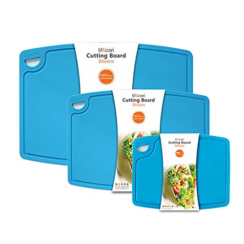 Liflicon Silicone Thick Cutting Boards Mats Set of 3pcs Foldable & Flexible Design Juice Grooves Easy Grip Handle Dishwasher Safe for Kitchen,BPA free Chif-Blue - color: Blue, size: 9.1"L x 7.1"W, 12.6"L x 9.1"W & 14.6"L x 10.4"W