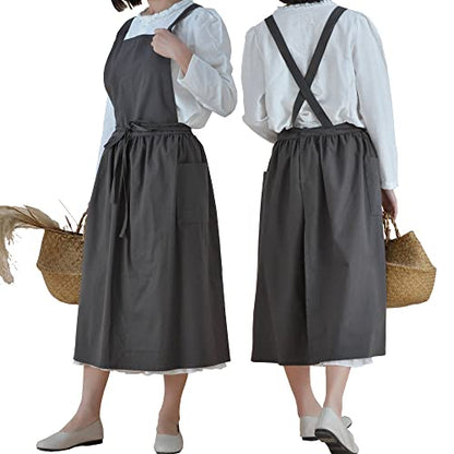 VLZUFE Women Cotton Linen Cross Back Apron with Pockets for Gardening Works Pinafore Dress - color: Dark Grey