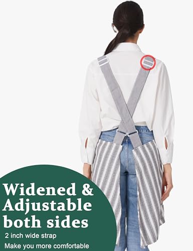Cozy Adjustable Cross Back Aprons for Women with Pockets Cotton Linen Cooking Kitchen Baking - color: Grey Stripes