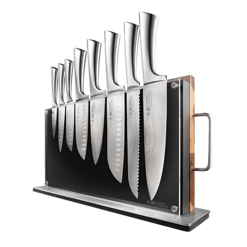 Cuisine::pro Damashiro Knife Block (Bodo, 10 Piece Set) - Premium Japanese Steel Knife Set With Transparent Display - Built-in Magnetic Acacia Wood Chopping Board - size: 10-Piece Block