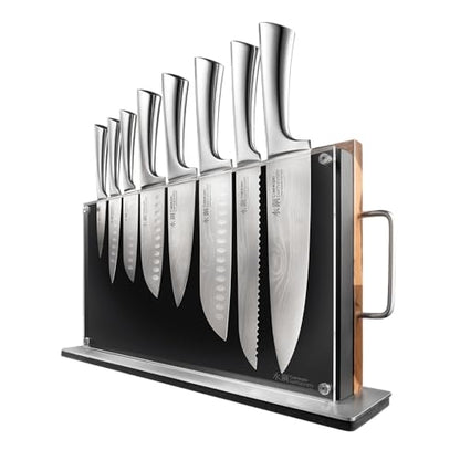Cuisine::pro Damashiro Knife Block (Bodo, 10 Piece Set) - Premium Japanese Steel Knife Set With Transparent Display - Built-in Magnetic Acacia Wood Chopping Board - size: 10-Piece Block