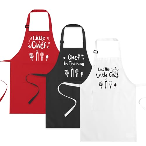 3 Pack Kids Apron for Cooking Adjustable Kids Chef Aprons | Kitchen Funny Aprons with Pockets for Boys Girls Toddler Painting Baking Artist Apron - color: Black,white,red