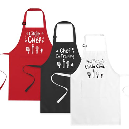 3 Pack Kids Apron for Cooking Adjustable Kids Chef Aprons | Kitchen Funny Aprons with Pockets for Boys Girls Toddler Painting Baking Artist Apron - color: Black,white,red