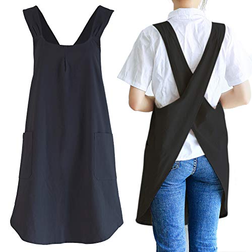 NEWGEM Japanese Cotton Linen Cross Back Cooking Apron for Women Men with Pockets Cute for Baking Kitchen - color: 04 - Women's Black