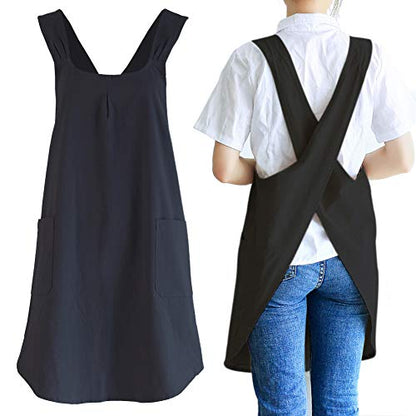 NEWGEM Japanese Cotton Linen Cross Back Cooking Apron for Women Men with Pockets Cute for Baking Kitchen - color: 04 - Women's Black
