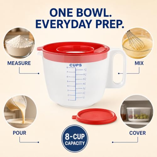 8 Cup Measuring Cup & Mixing Pitcher with Handle and Spout, Splatter-Free Lid, BPA-Free, Ideal for Baking, Pancakes, and Whisking
