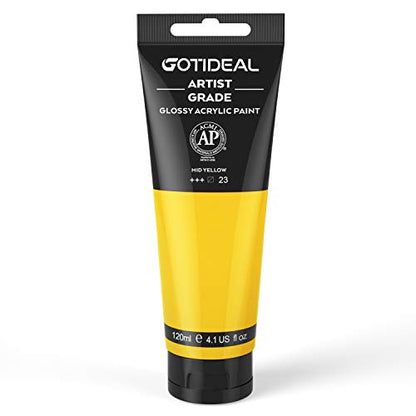 GOTIDEAL Acrylic Paint Mid Yellow Tubes(120ml, 4.1 oz) | Non Toxic, Non Fading, Rich Pigments,for Painters, Adults & Kids,Ideal for Canvas Wood Clay Fabric Ceramic Craft Supplies - color: Mid Yellow, style: Regular