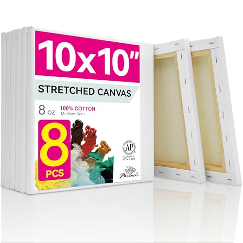 PHOENIX Square Canvas for Painting - 10x10 Inch/8 Value Pack, 8 Oz Triple Primed 5/8 Inch Profile 100% Cotton White Blank Canvas, Stretched Framed Canvas for Oil Acrylic - size: 10"x10", style: Studio Set (8 Oz.)