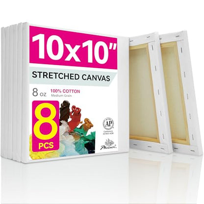 PHOENIX Square Canvas for Painting - 10x10 Inch/8 Value Pack, 8 Oz Triple Primed 5/8 Inch Profile 100% Cotton White Blank Canvas, Stretched Framed Canvas for Oil Acrylic - size: 10"x10", style: Studio Set (8 Oz.)