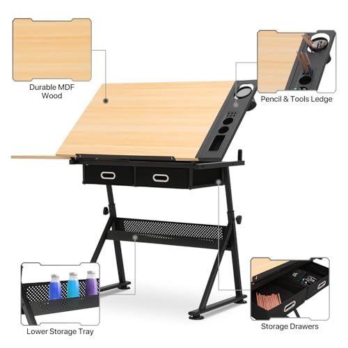 39‘’ Adjustable Drafting Table & Stool Set with Storage, Natural | Versatile Art Desk and Craft Center Home Study Room Artist Desk - color: Natural/Black