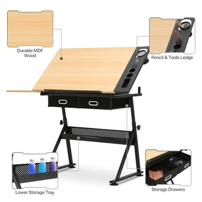 39‘’ Adjustable Drafting Table & Stool Set with Storage, Natural | Versatile Art Desk and Craft Center Home Study Room Artist Desk - color: Natural/Black