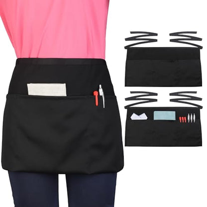 Server Waitress Waist Apron - Half Apron with 3 Pockets,Black Short Aprons for Servers,Waiter Apron - color: Black 2 Pack