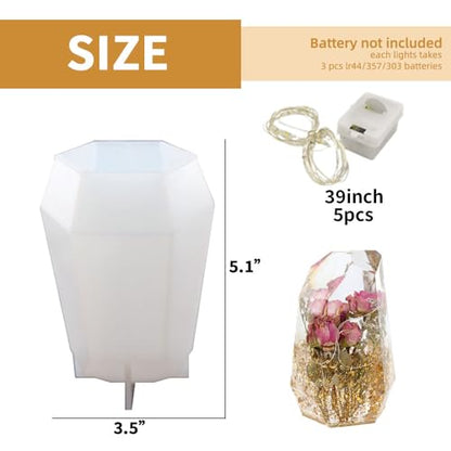Large Gem Stone Resin Mold, Epoxy Resin Casting Craft Mold for Flower Preservation Bookends with 5 Fairy Light Without Battery