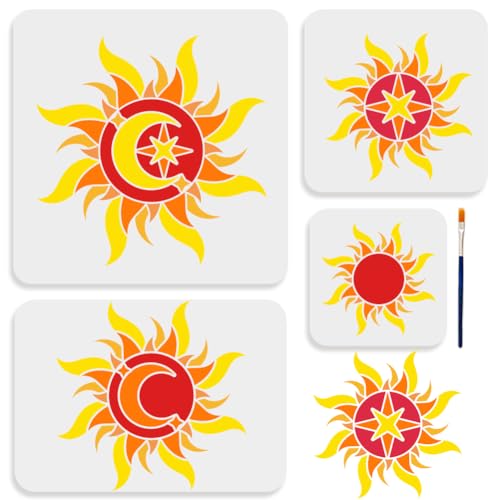MAYJOYDIY Sun Stencil 6~12inch 4 Sizes Sun Moon Star Stencil with Paint Brush Dazzling Boho Sun Stencil for Painting on Furniture Wood Canvas Paper Wall - color: 4 Sizes Sun Moon