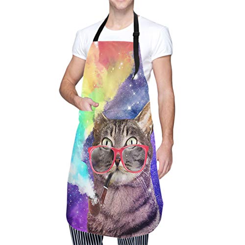 Funny Apron Polyester Grooming Aprons with Pocket for Cooking Kitchen Grilling Adults - color: Smoking Rainbow Cat