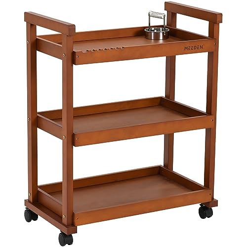 MEEDEN Art Supplies Cart, Walnut 3-Tier Multifunctional Art Storage Cart Organizer, Solid Beech Wood Studio Cart Art Taboret with Caster Wheels, Rolling Utility Cart Organizer for Artist - color: Deep Walnut