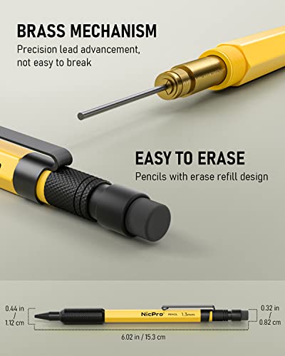 Nicpro 21PCS 1.3 mm Mechanical Pencil Set in Leathercase with 138 Lead | 3 Eraser, Eraser Refills- Weatherproof Metal Barrel, Heavy Duty Carpenter Pencil for Outdoor Marking Drawing Woodworking - color: Yellow