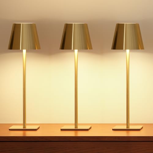 UME 3 Pack Cordless Table Lamp, Battery Operated Lamp - Portable Waterproof Rechargeable Table Lamp w/ 3 Color Temps & Stepless Dimming for Dinner, Desk, Cafe, Outdoor (Brushed Gold) - color: Brushed Gold, size: 3 Pack