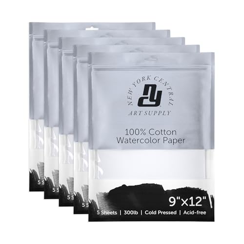 New York Central Watercolor Paper - 9x12-5 Packs of 5-25 Sheets Total - 300 lb. Cold Press - 100% Cotton, Acid-Free, Archival Quality, Bright White Watercolor Paper Pad for Wet & Dry Media - size: 9x12"