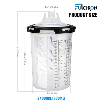 Disposable Paint Cups For Spray Gun, 27oz 125-Micron Mixing Cup With Lids | Fulchron 50PCS Paint Cup Liners with Lids, 2 Hard Cups & Adapters, Ideal for HVLP/LVLP Spray Gun 360° Spray & Less Cleanup - size: 27 ounce
