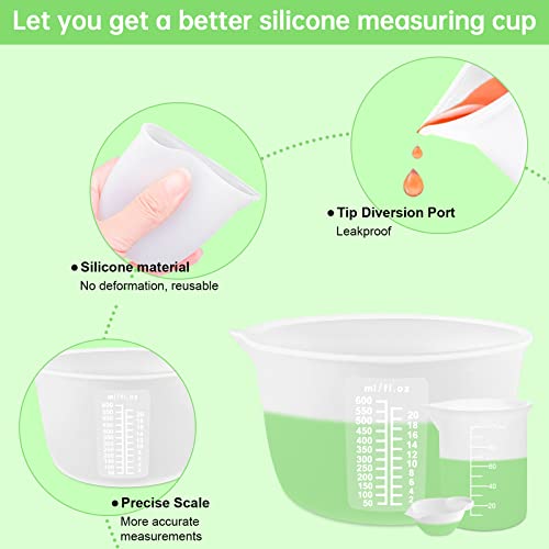 Sjubaopen Silicone Measuring Cups 600ml for Resin, Epoxy, Baking | Easy to clean, Heat Resistant, Thickened, 100ml+10ml, Stir Sticks, Droppers, Finger Cots for Wax,Chocolate, Jewelry - size: 600ML+100ML+10ML