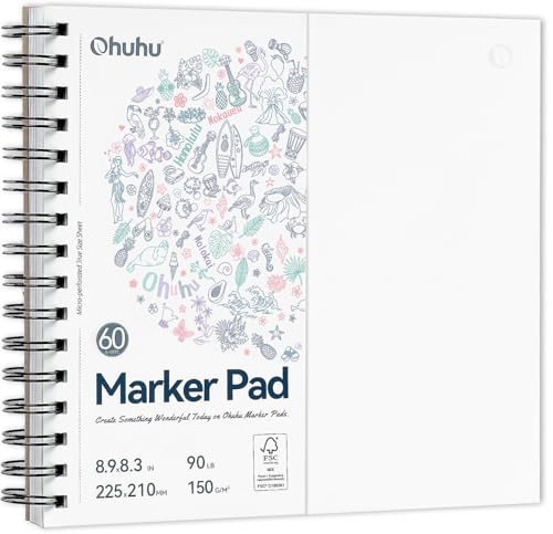 Ohuhu 8.3"x8.3" Double-Sided Bleedproof Marker Pad Art Sketchbook 60 Sheets | Square Sketch Book - 90 LB/150 GSM Smooth Drawing Paper - 60 Sheets/120 Pages - Spiral-Bound Sketch Pad for Alcohol Markers - size: 8.3" x 8.3"