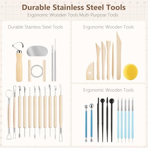 UUSYCUN 36PCS Pottery & Clay Sculpting Tools, Ceramics Polymer Tools Set, Clay Modeling Tools with Case for Air Dry Clay, Carving, Molding, Pottery Wheel, Crafting Supplies, Pros, Beginners, Adults - color: Wood-36PCS