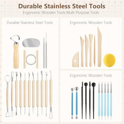 UUSYCUN 36PCS Pottery & Clay Sculpting Tools, Ceramics Polymer Tools Set, Clay Modeling Tools with Case for Air Dry Clay, Carving, Molding, Pottery Wheel, Crafting Supplies, Pros, Beginners, Adults - color: Wood-36PCS