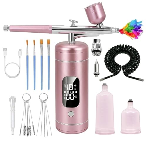 Cordless Airbrush Kit with Compressor,48 PSI High-Pressure, 6000mAh Rechargeable, 3-Speed Adjustable - 0.2/0.5 mm Nozzles & 3 Cups,Non-Clogging for Cake,Models, Makeup,Painting,Nails Art (Pink) - color: Pink