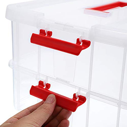 JUXYES 2-Tiers Plastic Stack Carry Storage Containers Box wih Handle Lids - color: Red
