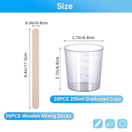Resin Mixing Cups and Sticks, 70 Packs Epoxy Measuring Cups Kit - 20PCS 200ml Disposable Graduated Cups, 50PCS Wooden Stir Sticks for Mixing Paint, Stain, Epoxy, Resin - color: Clear cups+wooden stick, size: 200ml