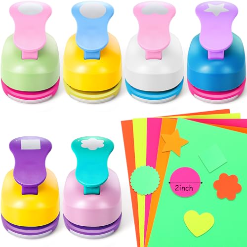 CHENGU Hole Punches 6 Shapes with Cardstock for Kids,Multiple Styles,2 Inch | Paper Punchers Ideal for Scrapbooking Card Making, Star Heart Circle Flower Shapes, Safe Design, Classroom Craft Supplies - size: 2 Inch, style: Multiple styles