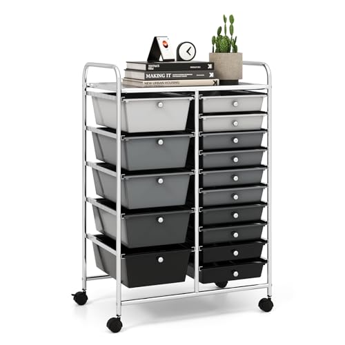 15 Drawer Rolling Storage Cart, Rolling Cart with Drawers for Classroom, Art Supply Craft Organizer on Wheel with Metal Frame & Handles for Home Office School - color: Gradient Gray, size: 15 Drawer
