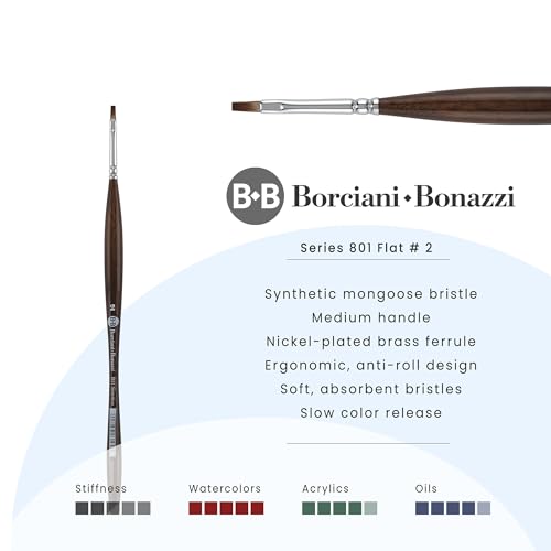 Borciani e Bonazzi Unico Synthetic Mongoose Artist Paint Brush - Series 801 Flat - Size #2 - Watercolors, Oil & Acrylic Paint - Handcrafted in Italy, Anti-Roll Design, Ergonomic Medium Handle - size: 2