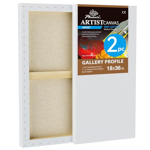 PHOENIX 18x36 Inch 2 Pack Gallery Canvas - 1.5 in Thick Extra Large Long Canvases for Painting - Deep Edge 100% Cotton 11 Oz. Gesso Primed White Blank Professional Canvas Oil & Acrylic Paints - size: 18"x36", style: Gallery