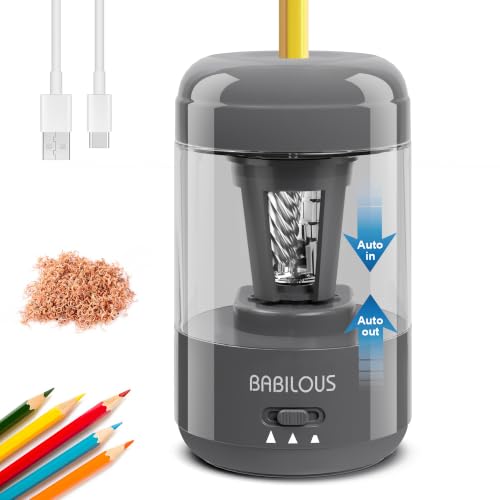 BABILOUS Electric Pencil Sharpener, Rechargeable Auto Feed & Auto Eject - color: Grey