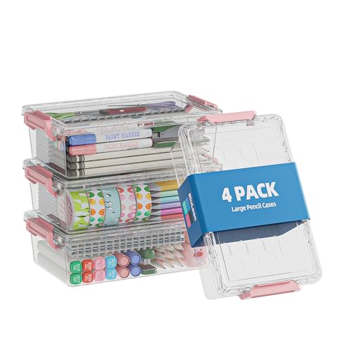 BiuLeon 4 Pack Extra Large Pencil Box, Plastic Pencil Case Organizer, Clear Crayon Box Marker Organizer, Stackable Craft Organizers and Storage for Pen, Craft, Art Supply(Pink) - color: Pink