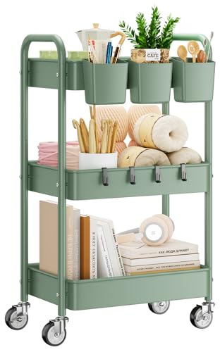 YASONIC 3-Tier Rolling Cart, Green, 66 Pounds Capacity, Mesh Storage Organizer with Lockable Wheels, 3 Hanging Cups, 4 Hooks, Easy Assembly, for Kitchen, Bathroom, Laundry, Grocery | Sturdy Rolling Storage Cart With Hooks & Hanging Cups, Great For Craft,