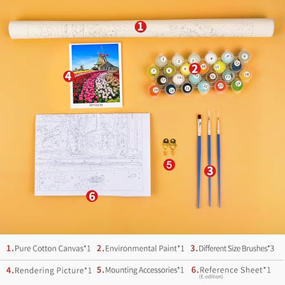 TUMOVO Paint by Numbers Kit for Adults Tulips Dutch | landscape tulips dutch 16x20 inch unframed canvas, easy to follow, pre-numbered, acrylic paints included. - color: Windmills